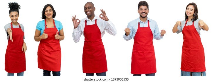 Group of 5 happy latin american and african and caucasian waiters and waitresses isolated on white background for cut out