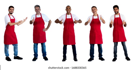 Group of 5 happy laughing male waiters and clerks isolated on white background for cut out - Powered by Shutterstock