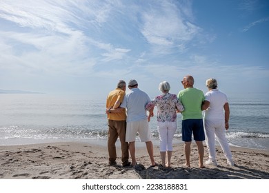 group of 5 seniors at the beach standing together looking at the horizon in the distance - Shutterstock ID 2238188831