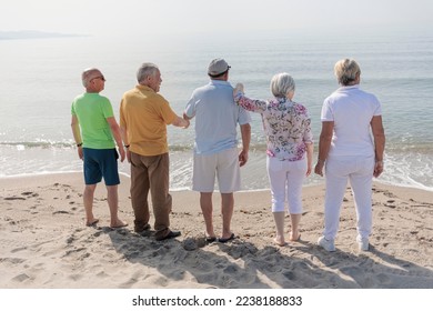 group of 5 seniors at the beach standing together looking at the horizon in the distance - Shutterstock ID 2238188833