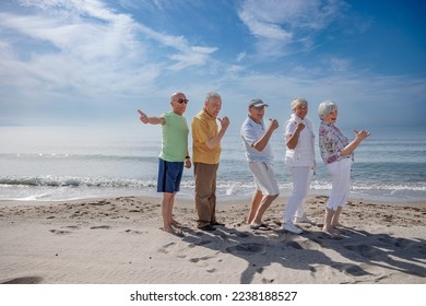 group of 5 seniors at the sea play happily making the "ok" sign with their finger - Shutterstock ID 2238188527