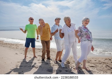 group of 5 seniors at the sea play happily making the "ok" sign with their finger - Shutterstock ID 2238188533