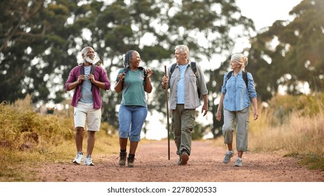 Group Of Active Senior Friends Enjoying Hiking Through Countryside Walking Along Track Together