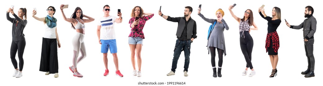 Group Of Active Sporty And Stylish Hipster People Taking Selfies With Cell Phone Full Body Isolated On White Background. 