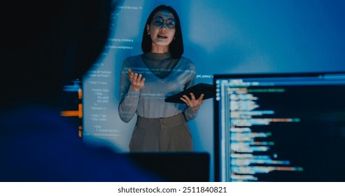 Group adult Asia female software developer mentor leader manager talk strategy plan to executive write prompt AI bot IT app program nomad, video game, designer, data center. Projecting slideshow code.