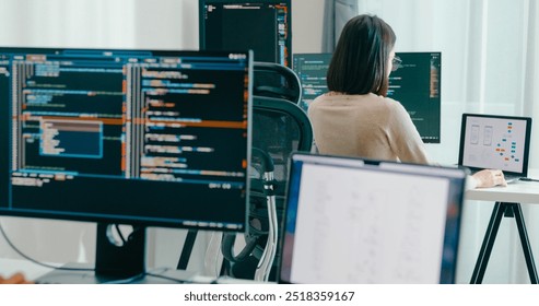 Group Adult Asia male, female freelance typing write prompt AI bot IT app smart program nomad, video game, terminal with coding language, user interface, designer, big data center on desktop computer.