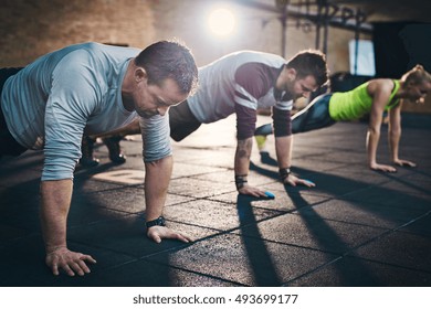 Group of adults performing push up exercise drills at indoor physical fitness cross-training exercise facility with bright light flare over them