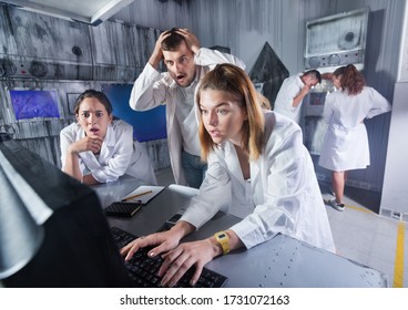 Group of adults trying to get out of an escape room stylized under laboratory 