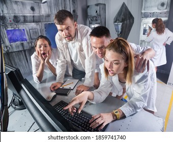 Group of adults trying to get out of an escape room stylized under the laboratory