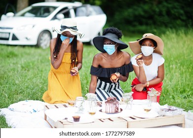 Group Of African American Girls With Facial Masks Celebrating Birthday Party Outdoor With Decor During Coronavirus Pandemia.