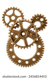 Group of aged bronze cogwheels, arranged as part of antique mechanism, isolated on white background. Ready to use design element.