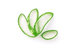 Group Aloe Vera Slice Isolated On White Background , Top View , Flat Lay.
