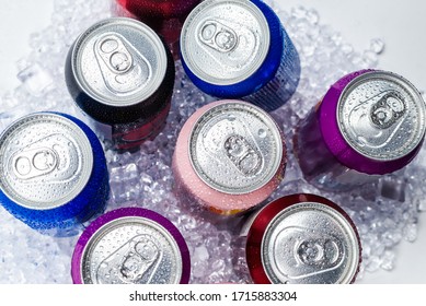 Group of aluminium cans in ice, cold drink. Top view.