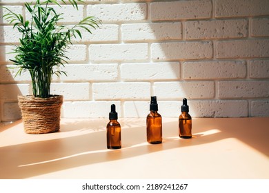 A group of amber bottles on white table with face care products. A set of cosmetics in a glass package with a house palm in the background. Front view - Powered by Shutterstock