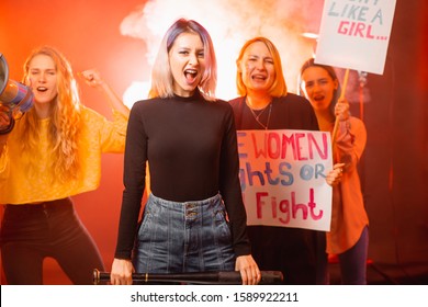 Group Of Angry Excited And Expressive Caucasian Women Promoting Feminism, Shout Expressing Angry. Fight For Feminism, Women Movements For Their Rights