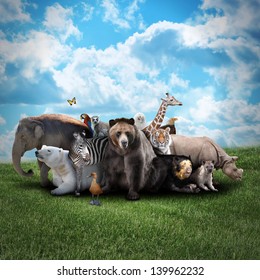 A group of animals are together on a nature background with text area. Animals range from an elephant, zebra, bear and rhino. Use it for a zoo or conservation concept.