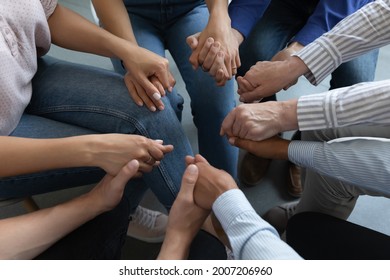 Group Of Anonymous Addicted Prayers Holding Hands, Praying On Therapy Meeting, Giving Empathy, Support, Help, Expressing Compassion , Trust, Understanding, Keeping Community Spirit. Close Up