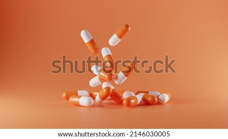 A group of antibiotic pill capsules falling. Healthcare and medical 3D  background. pills tablets orange premium hospital disease
