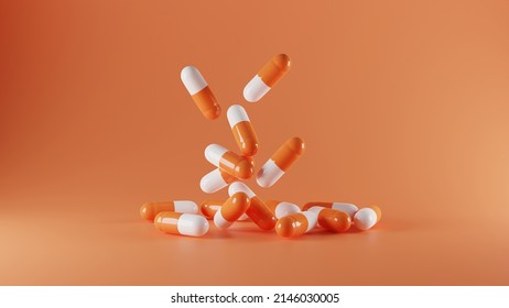 A group of antibiotic pill capsules fallling. Healthcare and medical 3D  background. - Shutterstock ID 2146030005