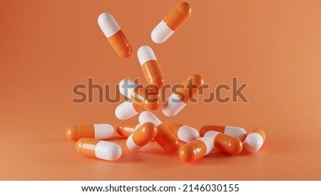A group of antibiotic pill capsules fallling. Healthcare and medical 3D  background.