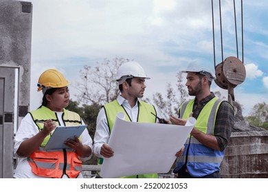 Group of architects engineer and construction foremen review the work and talk about how the project, Prefabricated house factory construction site, Precast concrete wall panel. Obese female - Powered by Shutterstock