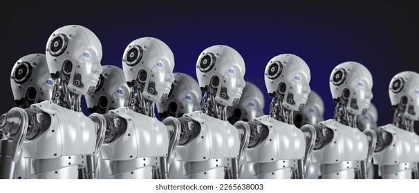Group of artificial intelligence robots. group of cyborgs in factory.  - Shutterstock ID 2265638003