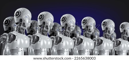 Group of artificial intelligence robots. group of cyborgs in factory. 