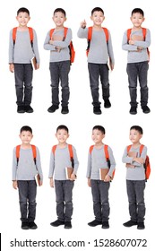 Group Of Asian Boy School Kid With Backpack  Full Body Isolated On White Background.