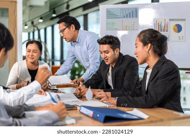 Group of asian business meeting and discussing strategy startup project analysis finance process.Success asian business management work plan and brainstorm marketing idea in office.Teamwork - Shutterstock ID 2281024129