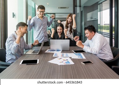 Group Of Asian Business People With Casual Suit Working With Happy Action And Celebrate In The Modern Office, People Business Group Concept