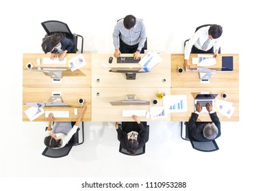 Group Of Asian Business People Working Together In Modern Office,m Taken From Top View High Angle.