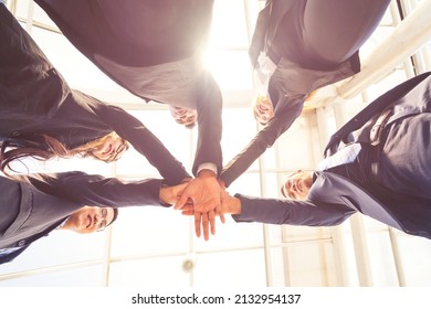 Group Asian Business Teamwork Corporate Made Trust Hands For Integrity Work Together. Build Strong Unity Friendship, Partnership, Relationship, Cooperation To Exceed A Success With Diverse Leadership