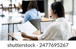 Group of asian female call center with headset service support customer by computer at office.