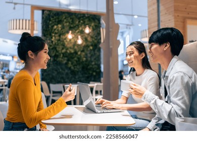Group of Asian friends talking and using laptop computer in restaurant. Attractive young man and woman people feel happy and relax, having fun hangout indoors enjoy meeting reunion in cafe cafetaria. - Shutterstock ID 2258566047