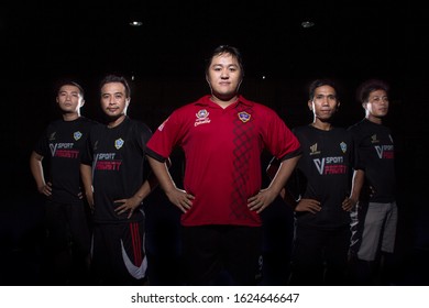 Group Of Asian Futsal Team Isolated Black Background Praya,West Nusa Tenggara/ Indonesia - March 13 2019