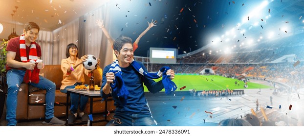 Group of Asian people friends sit on sofa watching and cheering football or soccer games competition on TV together at home.Happy man and woman sport fans celebrating sport team victory sports match - Powered by Shutterstock