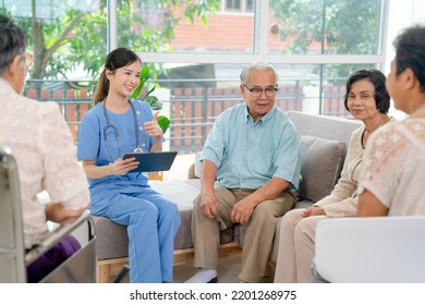 Group Of Asian Senior Man And Woman Join Consult Activity Together In Living Room Or Hall Of Clinic And Hospital And Staff Give Suggestion And The Knowledge For Health Care Of Elderly People.