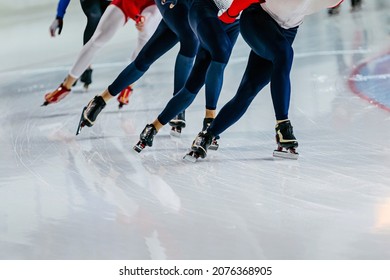 Group Athletes Speed Skaters Run Mass Start At Competition