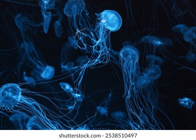 Group of Atlantic sea nettle, Chrysaora quinquecirrha, East Cost sea nettle jellyfish, floating in illuminated aquarium with blue neon light. Theriology, biodiversity, undersea life, aquatic organism - Powered by Shutterstock