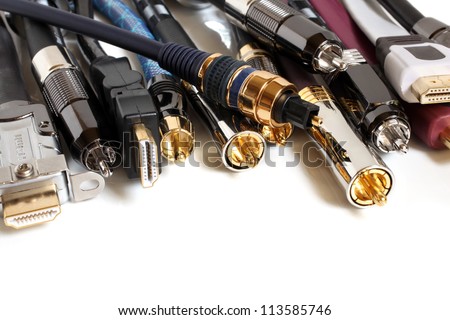 Group  of audio/video cables on a white background
