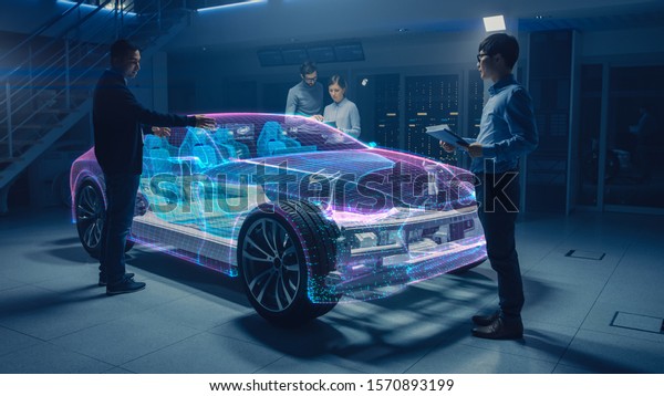 Group of Automobile Design Engineers Working on\
Augmented Reality 3D Model Prototype of Electric Car Chassis.\
Automotive Innovation Facility: 3D Concept Vehicle Frame Generated\
with 3D CAD Software.