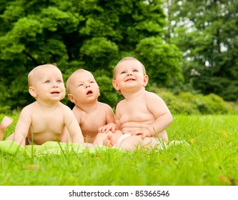 Group Of Babies Outdoors.