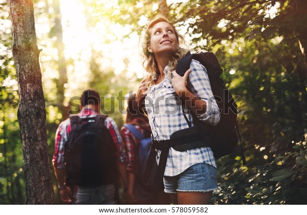 Group Backpacking Hikers Friends Going Forest Stock Photo 578059582 ... - Group Backpacking Hikers FrienDs Going 600w 578059582