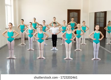Group of ballerinas training at ballet barre. Young ballet girs in leotards practicing at ballet class