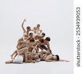 Group of ballet dancers performing intricate choreography, blending grace and psychology in movements. Stunning example of ballet as form of visual art. Concept of art, classical dance, performance