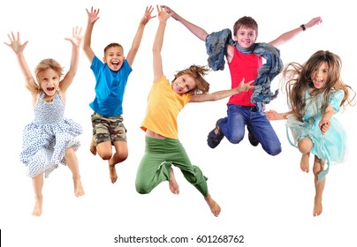 Group Of Barefeet Children Shouting Screaming Jumping Dancing. Isolated Over White Background. Childhood, Freedom, Happiness, Active Lifestyle Concept. Young Jumpers Kids Girls An Boy