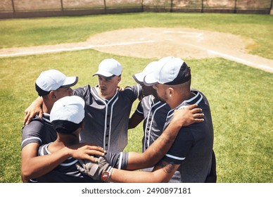 Group, baseball and team huddle together for support, motivation and match preparation. Game plan, softball player and men at field for sport strategy, diversity or cooperation at competition above - Powered by Shutterstock