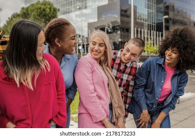 Group Beautiful Diverse Women Walking Around The City Happy