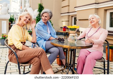 Group of beautiful and happy senior adult women dating outdoors and meeting at the bar cafeteria, having a talk - Stylish fashionable old mature people meeting and having fun in a cafe