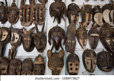 A group of beautiful traditional Ivory Coast masks. Masks are a prevalent art form in Ivory Coast they can symbolize lesser deities, the souls of the deceased, and even caricatures of animals. - Shutterstock ID 1588973827